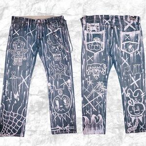 Dolls Kill blue Straight-Leg Jeans with White Hand-Drawn Graphics